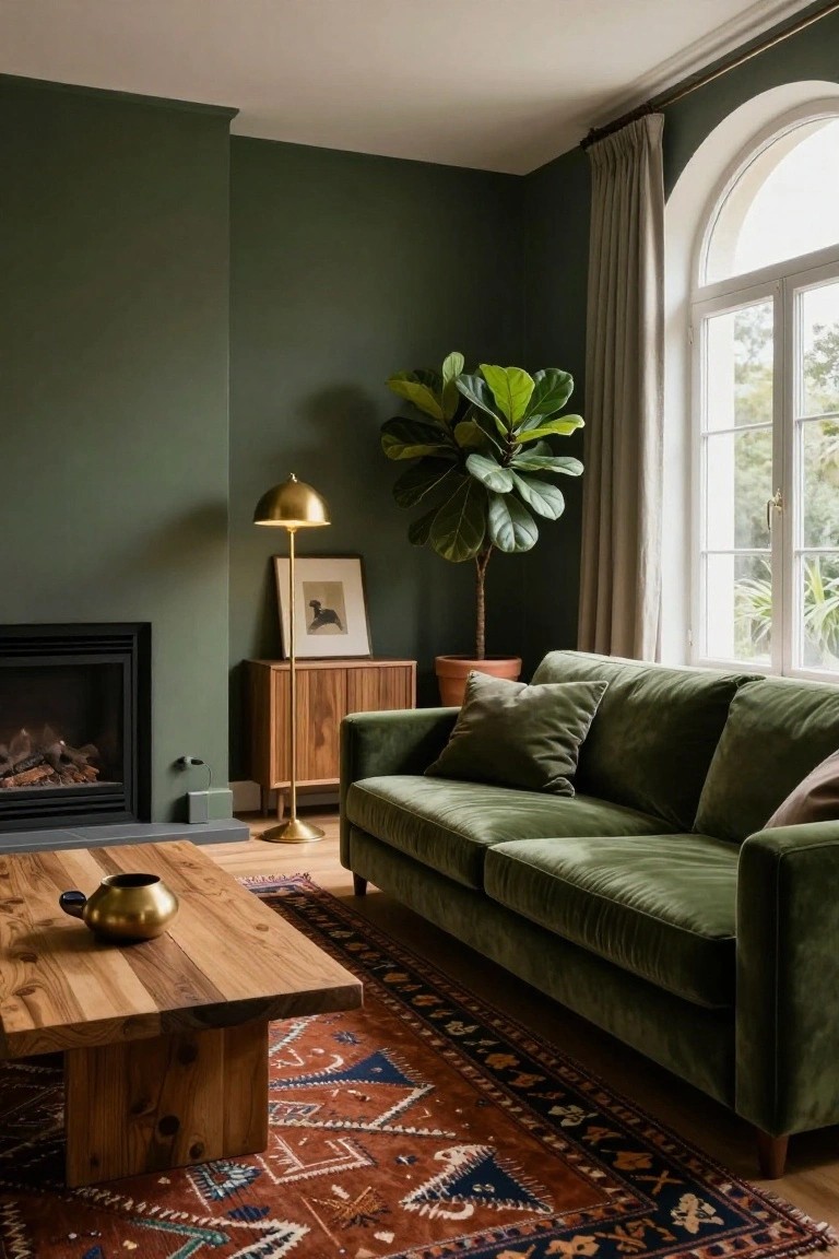 A living room with deep green walls, green velvet L-shaped sofa, wooden coffee table and credenza, brass floor lamp, large potted fiddle leaf fig plant near an arched window, and a fireplace.