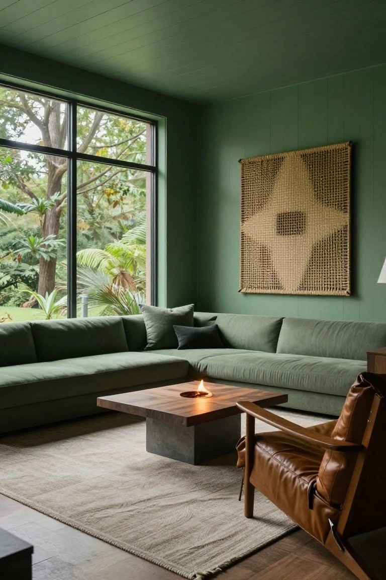 Living room with deep green paneled walls and ceiling, L-shaped green velvet sofa, low walnut coffee table with central fire pit, tan leather armchair, beige rug, woven wall art, lamp, and large window showing lush green trees and plants outside.