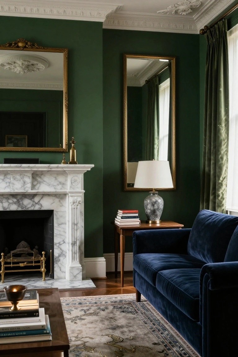 A traditional living room with deep green walls, white marble fireplace, gold-framed mirrors, navy velvet sofa, wooden side table with lamp and books, coffee table with stacked books, and patterned rug on hardwood floor.