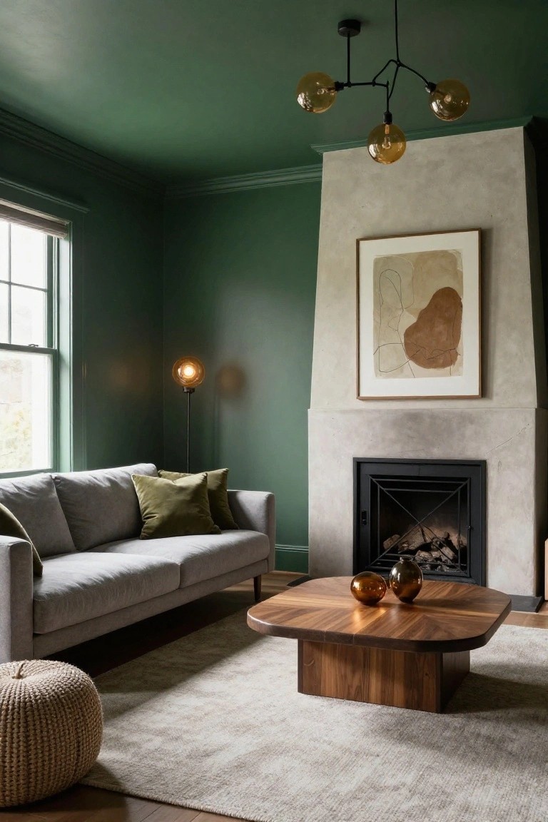 Living room with deep green walls, gray sofa with green pillows, low wood coffee table holding glass orbs, beige rug, stone fireplace with black insert and fire burning, abstract artwork above fireplace, amber globe pendant light fixture, and floor lamp near window.
