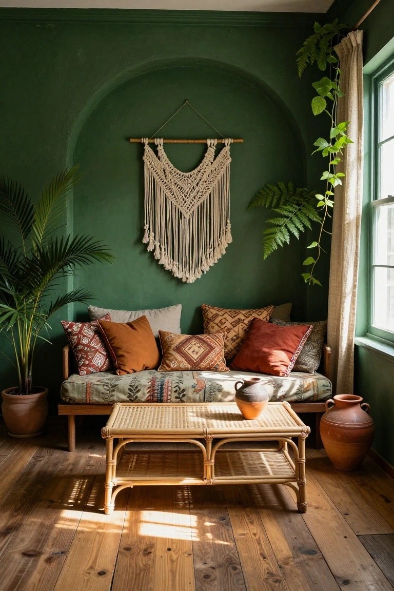 Deep green painted interior room corner with arched niche holding white macrame wall hanging, potted palm and fern plants, low wood-framed sofa with assorted colorful pillows and patterned cushions, rattan coffee table, and paired terracotta vases on wood plank floor.