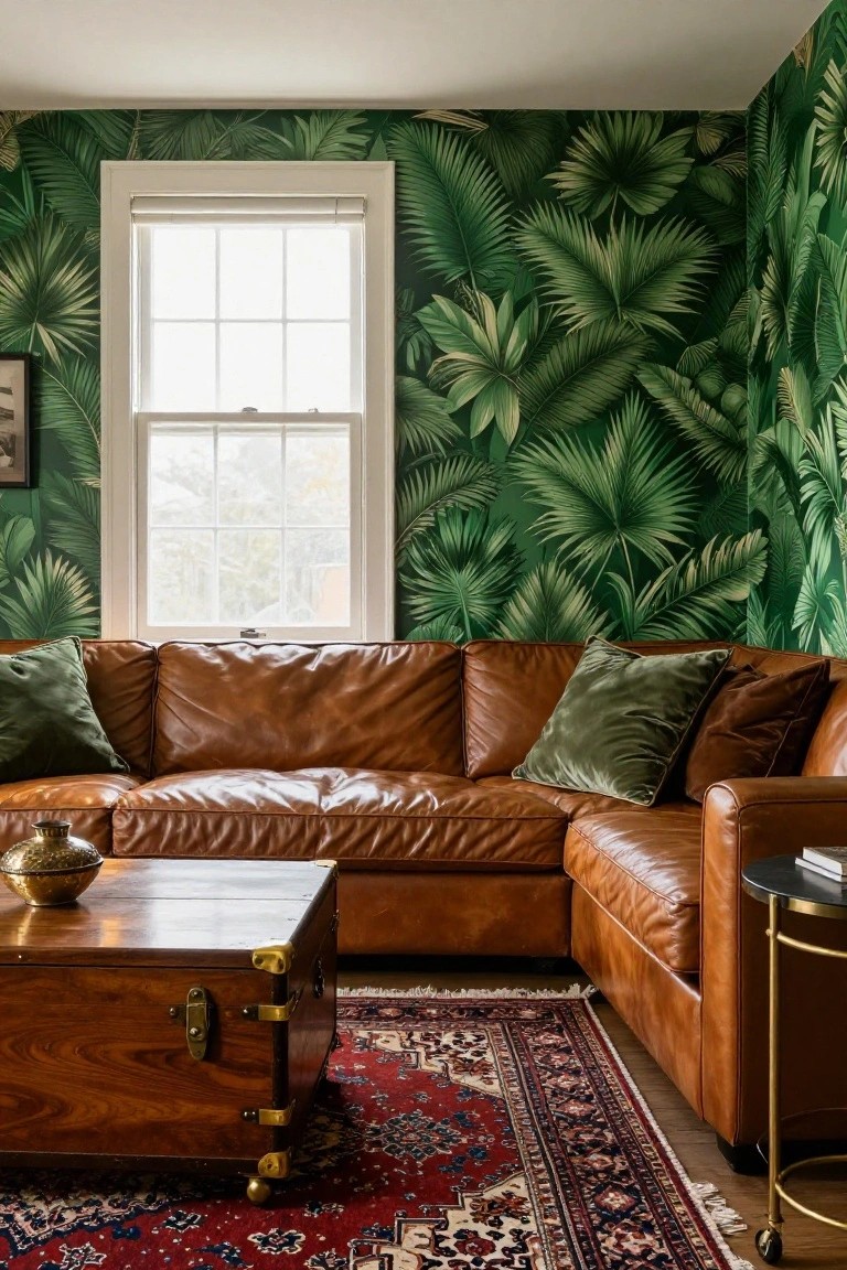 Living room corner with emerald green palm leaf wallpaper on walls, tan leather L-shaped sofa with green and brown pillows, wooden trunk coffee table on red Persian rug, gold side table with books, and white-framed window.