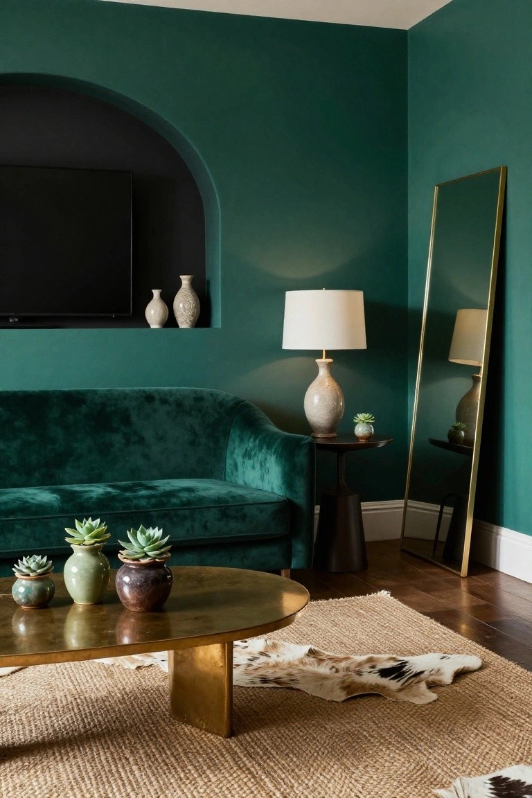 Living room corner with deep emerald green walls, curved emerald green velvet sofa, round brass coffee table holding potted succulents and vases, wood side table with ceramic lamp and plant, tall brass full-length mirror, and jute rug topped with animal hide rug.