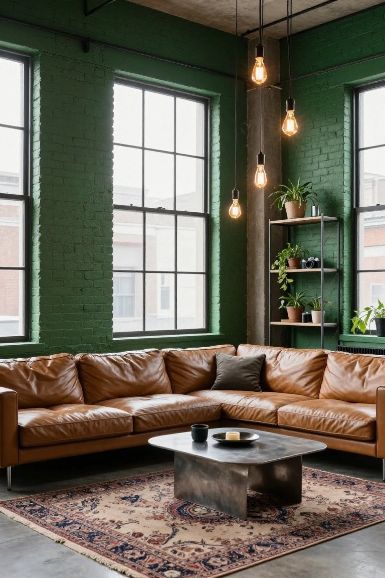 Corner living room with dark green exposed brick walls, tan leather L-shaped sofa, metal coffee table on Persian rug, plant shelves, and hanging Edison bulb lights.