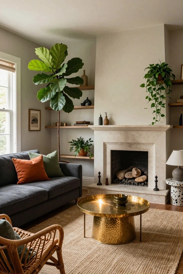 Living room interior with gray sofa topped by green and orange pillows, tall fiddle leaf fig plant in corner, stone fireplace with logs burning, floating wood shelves holding pots and decor, brass coffee table, rattan chair, and seagrass rug.
