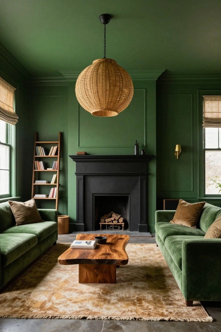 A living room with deep green paneled walls, two facing green velvet sofas, black stone fireplace, wooden live-edge coffee table, ladder bookshelf, rattan pendant light, and beige rug.