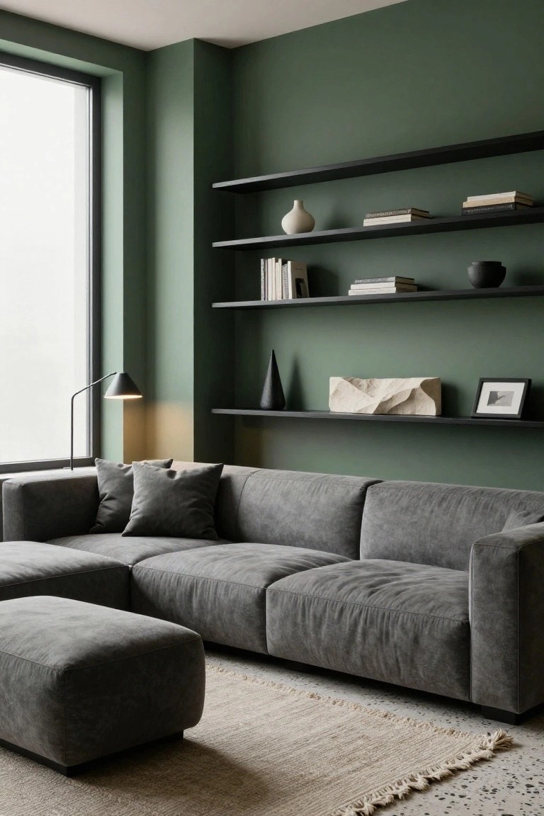 A contemporary living room with deep green walls, black floating shelves displaying books, ceramics, and sculptures, a charcoal gray L-shaped velvet sofa with pillows and ottoman, a task lamp, seagrass rug, and large window.