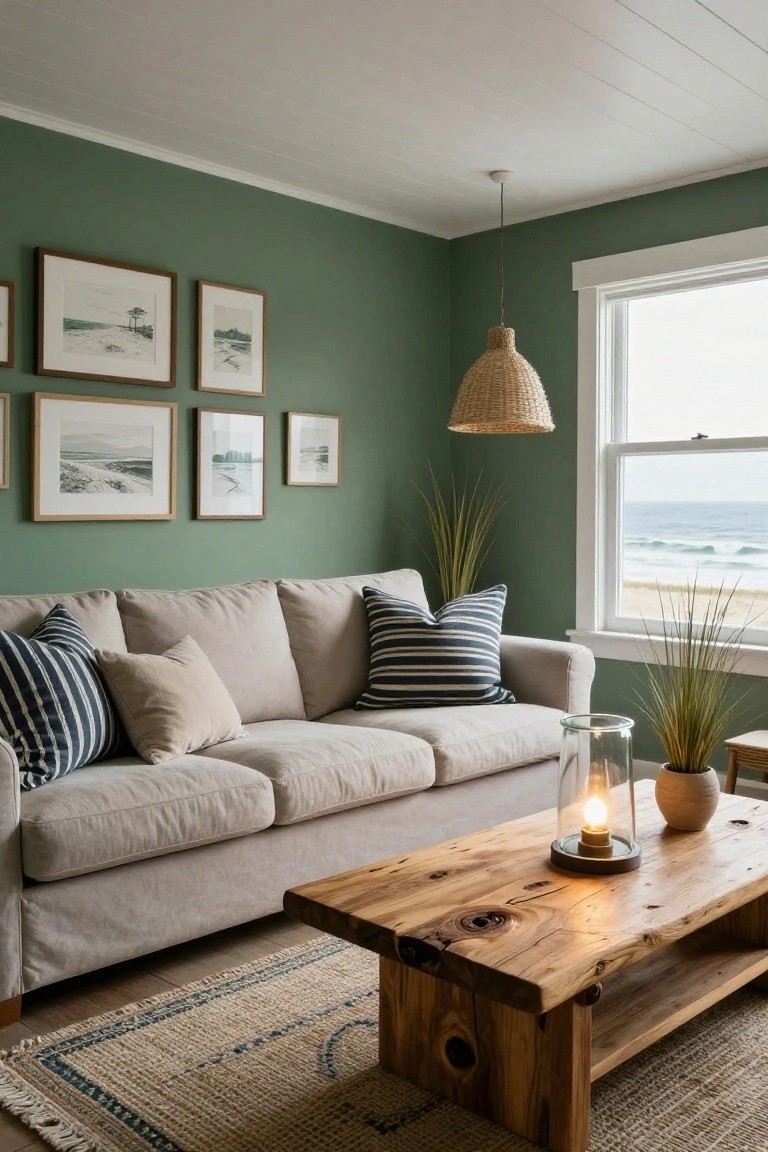 Living room with sage green walls, light gray sofa topped with navy striped and cream pillows, reclaimed wood coffee table holding a glass lantern with candle, potted grasses, woven pendant light, framed artwork, and large window overlooking ocean waves.