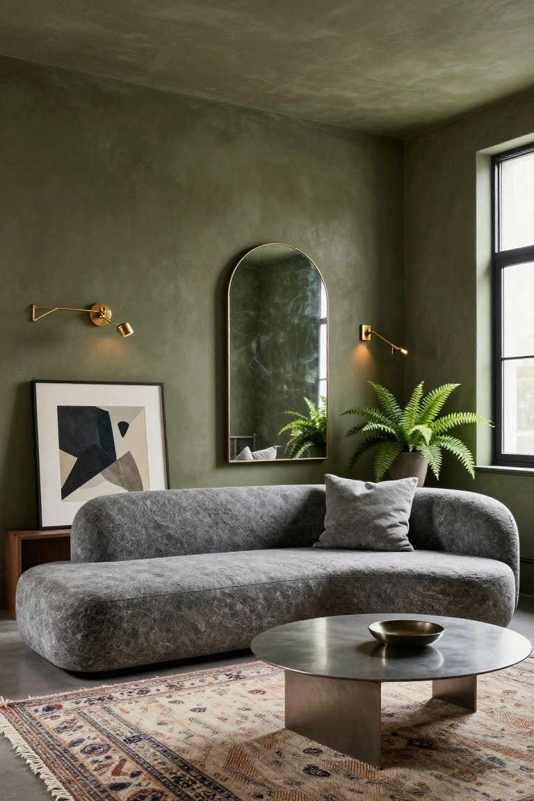 A corner living room with sage green textured plaster walls, curved gray upholstered sofa, gold arched mirror, brass wall sconces, fern plant, abstract framed artwork, round metal coffee table with bowl, and beige patterned rug on concrete floor.