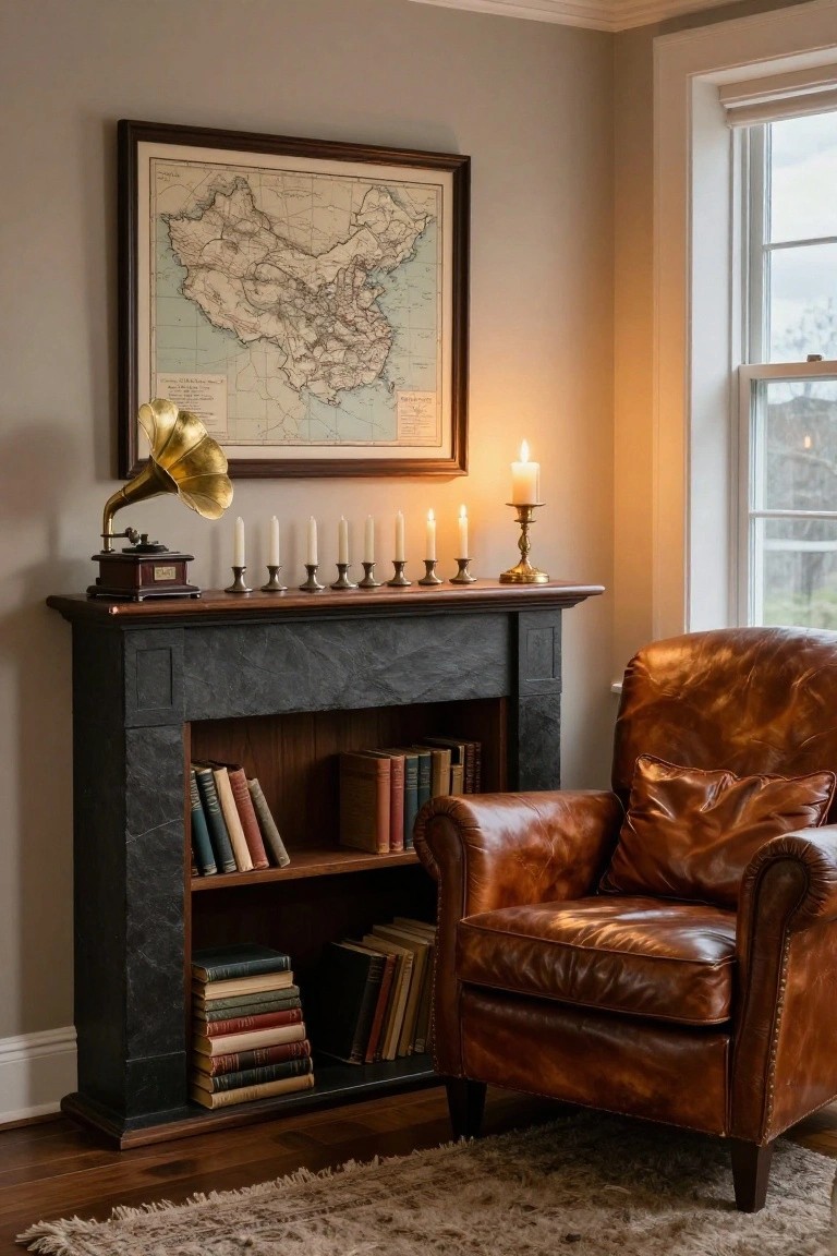 Corner room interior featuring a black stone fireplace mantel with wooden top holding a vintage gramophone and row of white taper candles in metal candlesticks, antique map of China in frame on wall above, bookshelves below mantel, tan leather armchair adjacent, hardwood floor with beige rug.