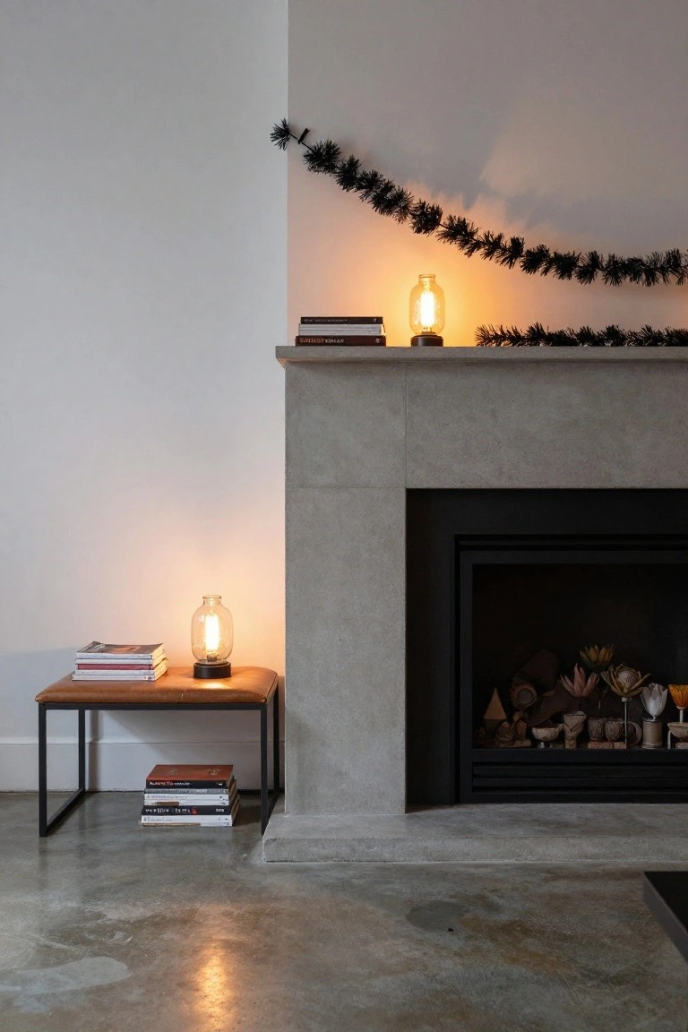 Concrete mantel with fireplace displaying stacked books and a glowing jar lamp, black garland draped above, matching lamp and books on a leather-topped metal side table, polished concrete floor in a modern interior.
