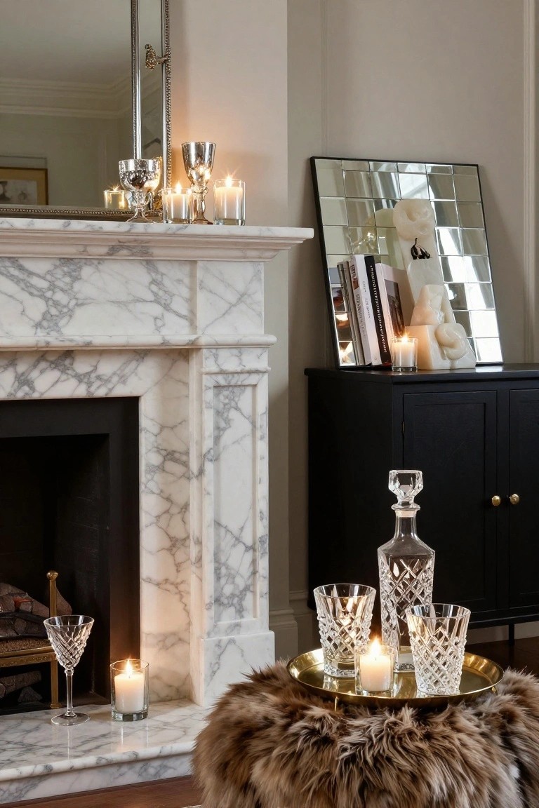 Marble fireplace mantel topped with various lit candles in silver and glass holders, crystal decanter and glasses on a gold tray, next to a black sideboard with books and white sculptures, and a fur ottoman in front.