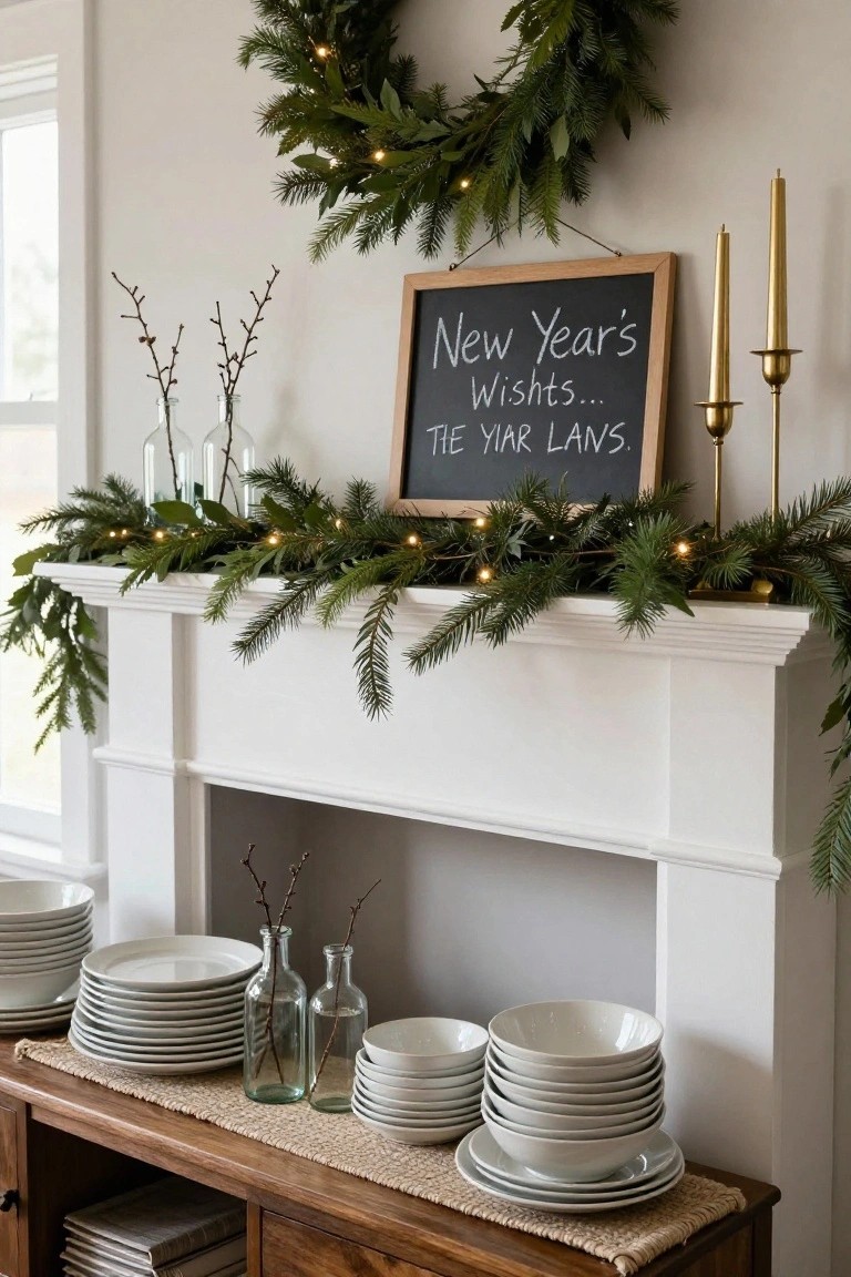 White fireplace mantel decorated with lush evergreen garland strung with fairy lights, a wooden-framed chalkboard sign reading "New Year's Wishes... the yar lans.", gold candelabras, and stacks of white plates and bowls on a wooden bench below.