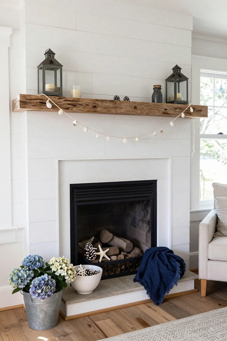 White shiplap fireplace with reclaimed driftwood mantel topped by metal lanterns, candles, pinecones, and shell garland, blue hydrangeas in galvanized bucket on floor, navy throw blanket on hearth, beige armchair nearby on wood floor.