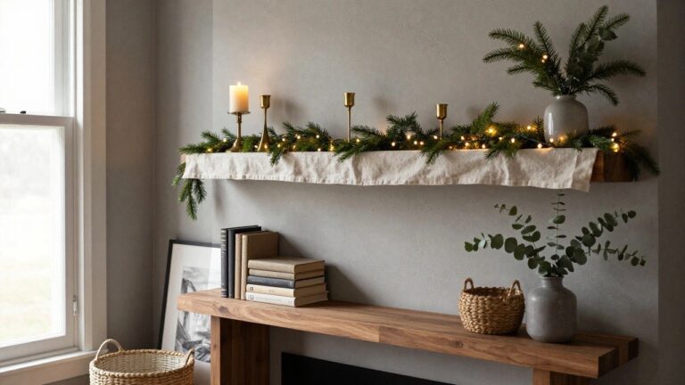 Cozy interior fireplace mantel with floating wooden shelf holding stacked books, evergreen garland with fairy lights, and three gold candelabras with white candles, next to a table lamp, eucalyptus vase on seagrass stool, and black-framed mountain artwork on beige wall.