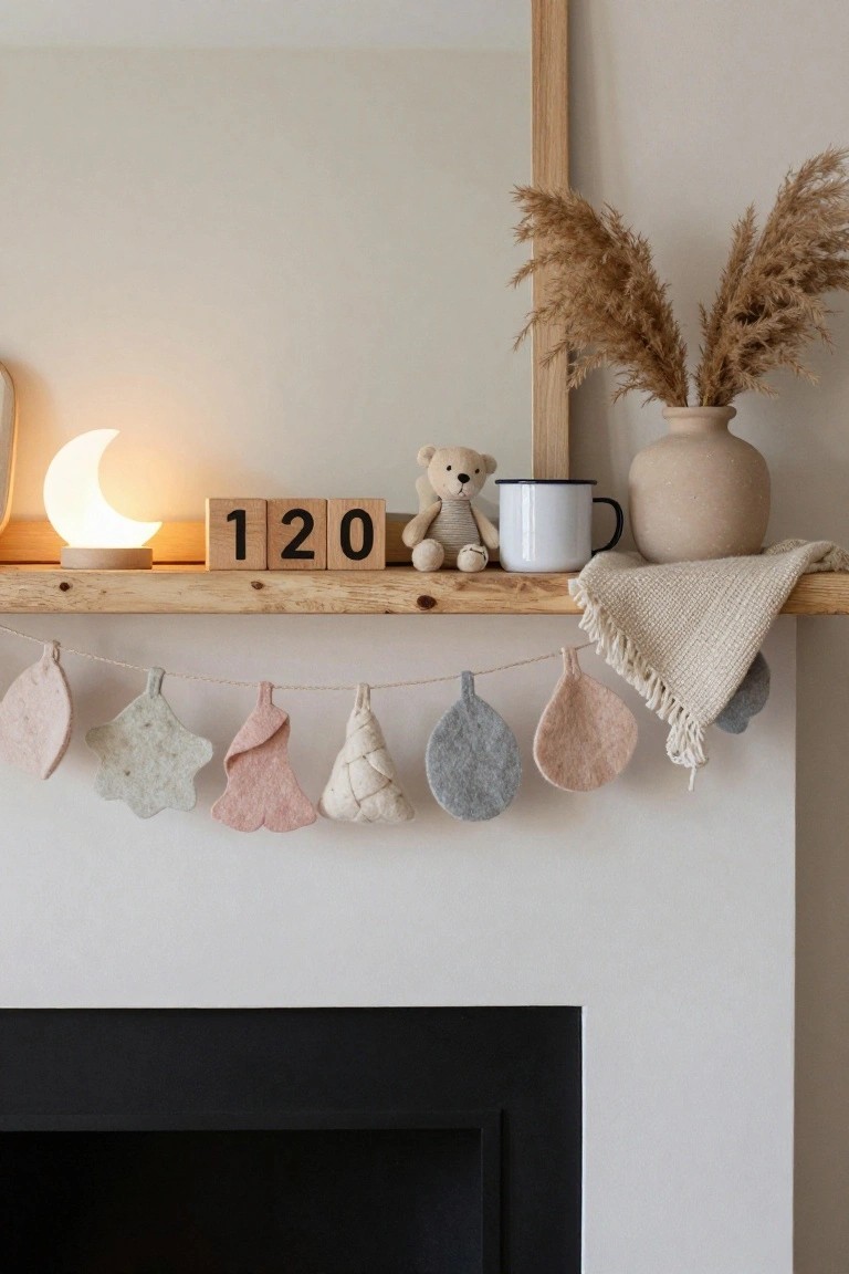 Wooden mantel shelf above a white fireplace with a hanging garland of pink, gray, and beige felt star, leaf, and tree shapes, wooden blocks reading 120, teddy bear, crescent moon lamp, pampas grass in a beige vase, and white mug with black handle.