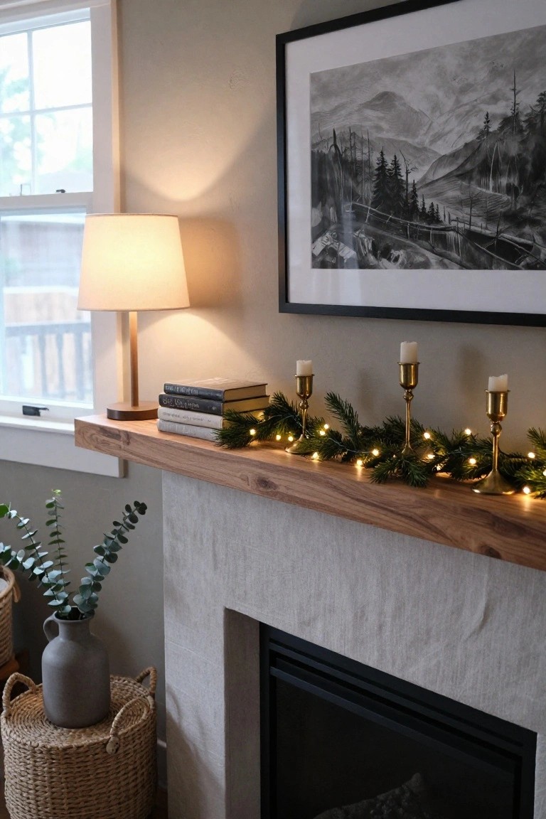 Cozy interior fireplace mantel with floating wooden shelf holding stacked books, evergreen garland with fairy lights, and three gold candelabras with white candles, next to a table lamp, eucalyptus vase on seagrass stool, and black-framed mountain artwork on beige wall.