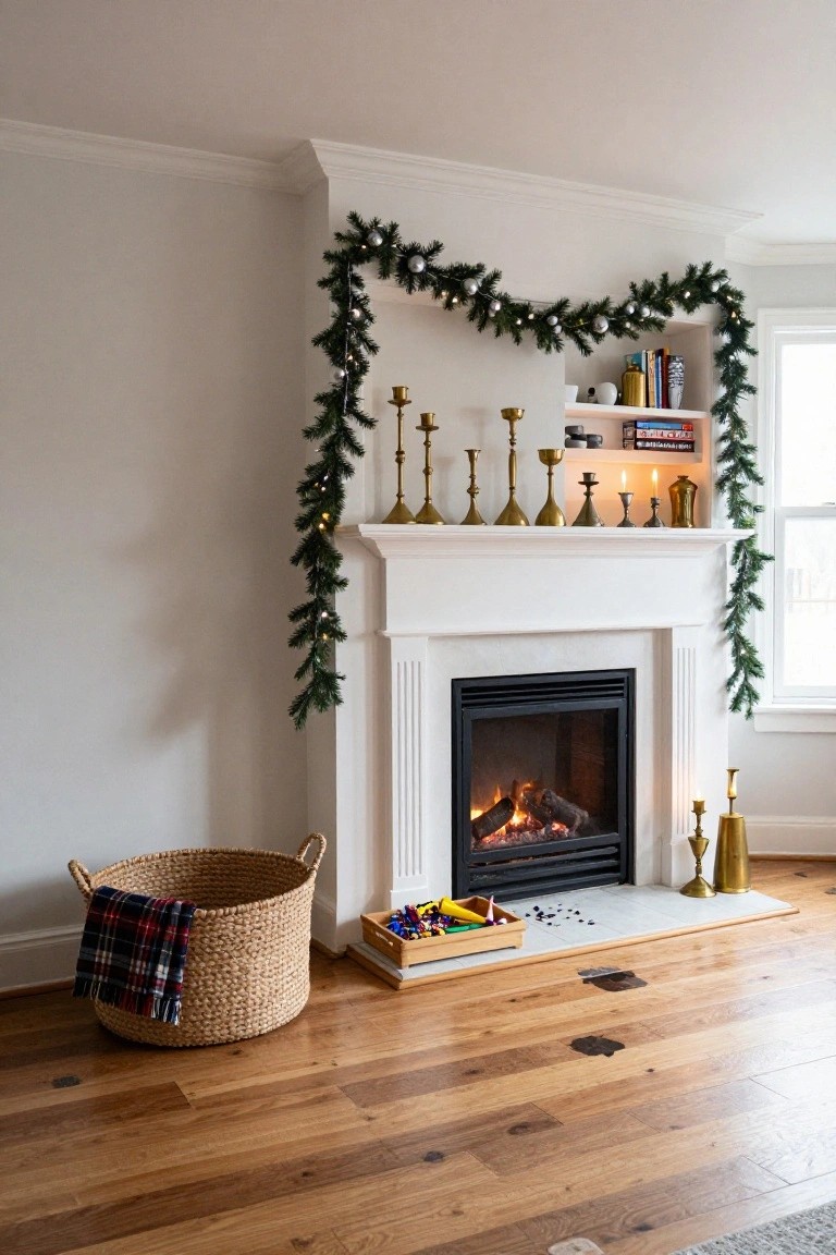 White fireplace mantel with fireplace lit, decorated by evergreen garland with ornaments and string lights, multiple brass candlesticks, bookshelves to the side, wicker basket and toys on wood floor.