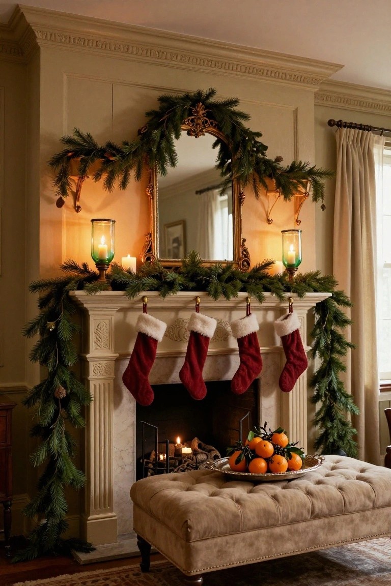 Festive fireplace with garland, stockings, candles, and oranges on ottoman.