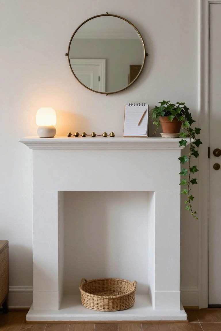White fireplace mantel with lit white ceramic globe lamp, chain of small gold bells, open notebook with pen, potted ivy plant on top, round brass mirror above, and woven basket in the empty hearth next to a closed door.