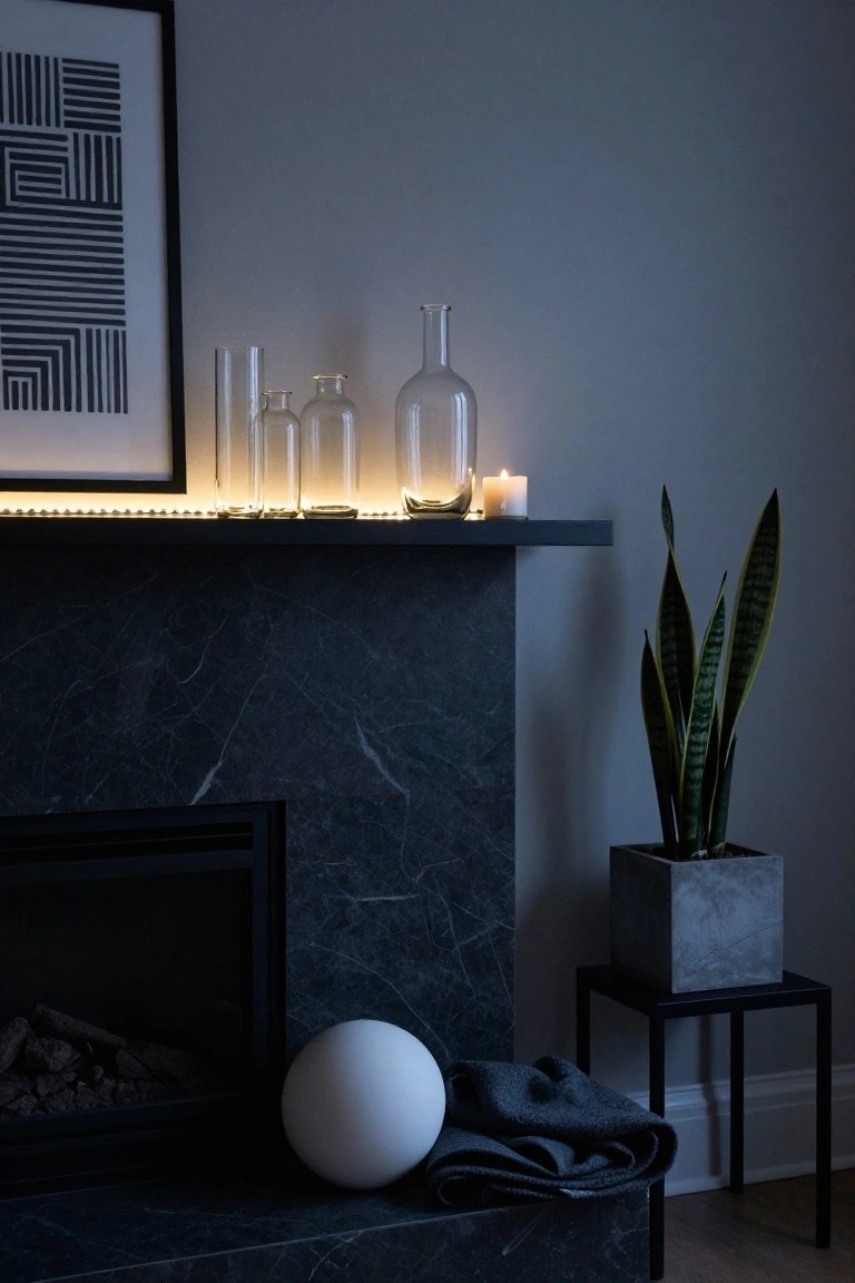 Dark marble fireplace mantel topped with clear glass bottles and jars of varying heights illuminated by LED strip lights below, a white candle, snake plant in concrete pot on side table, white orb, and gray throw on hearth.