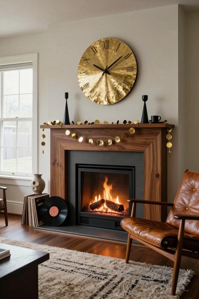 Walnut fireplace mantel decorated with gold disc garland, black candlesticks, and a coffee cup, large hammered gold clock on wall above, leather armchair and records nearby in a living room.