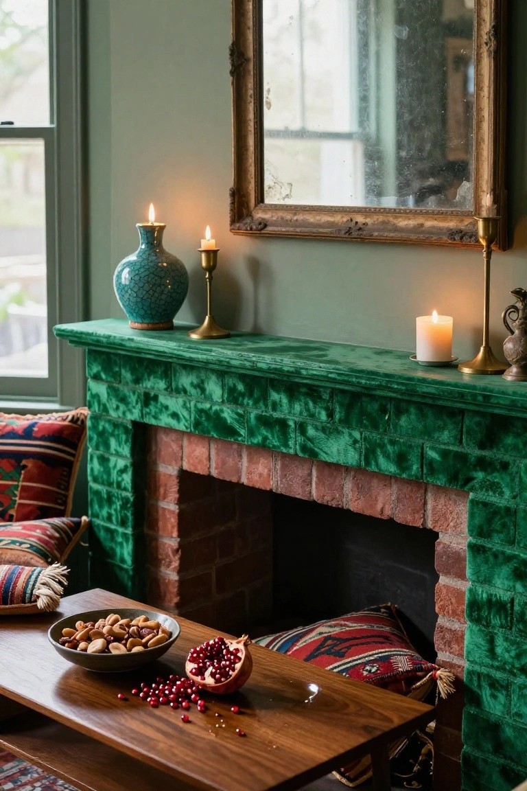 Green velvet-upholstered brick fireplace mantel topped with brass candlesticks, burning candles, turquoise vase, white candle, and owl figurine, antique mirror above, wooden table in front with bowl of mixed nuts and halved pomegranate spilling seeds.