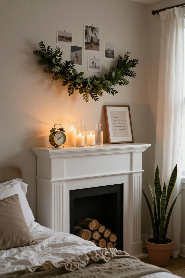 White fireplace mantel topped with gold alarm clock, glass candles, vase, and framed print, draped in eucalyptus garland holding several polaroid photos, beside bed with beige linens and potted snake plant in bedroom.