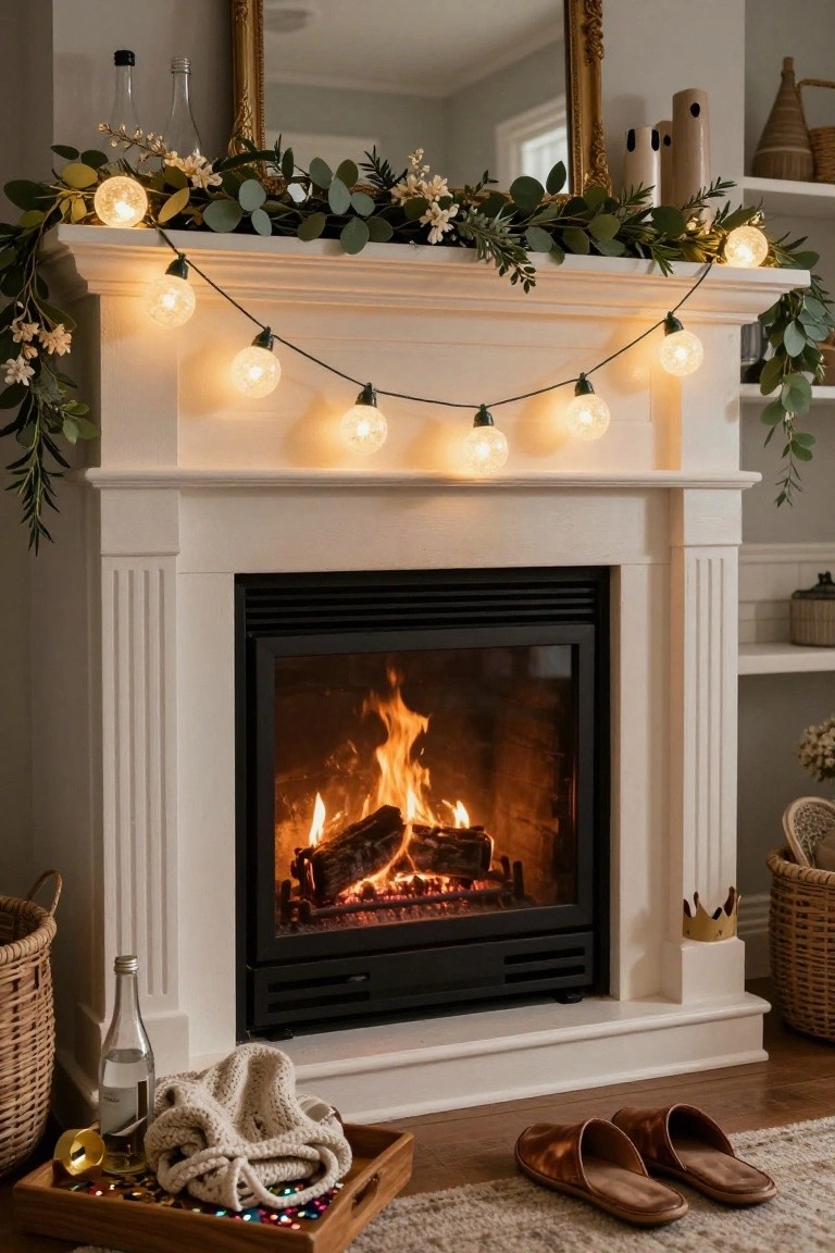 White fireplace mantel with eucalyptus garland, white flowers, and glowing fairy lights draped across the top, fire burning inside, glass bottles and baskets nearby, wooden tray on hearth holding knit throw, confetti, and gold bell.