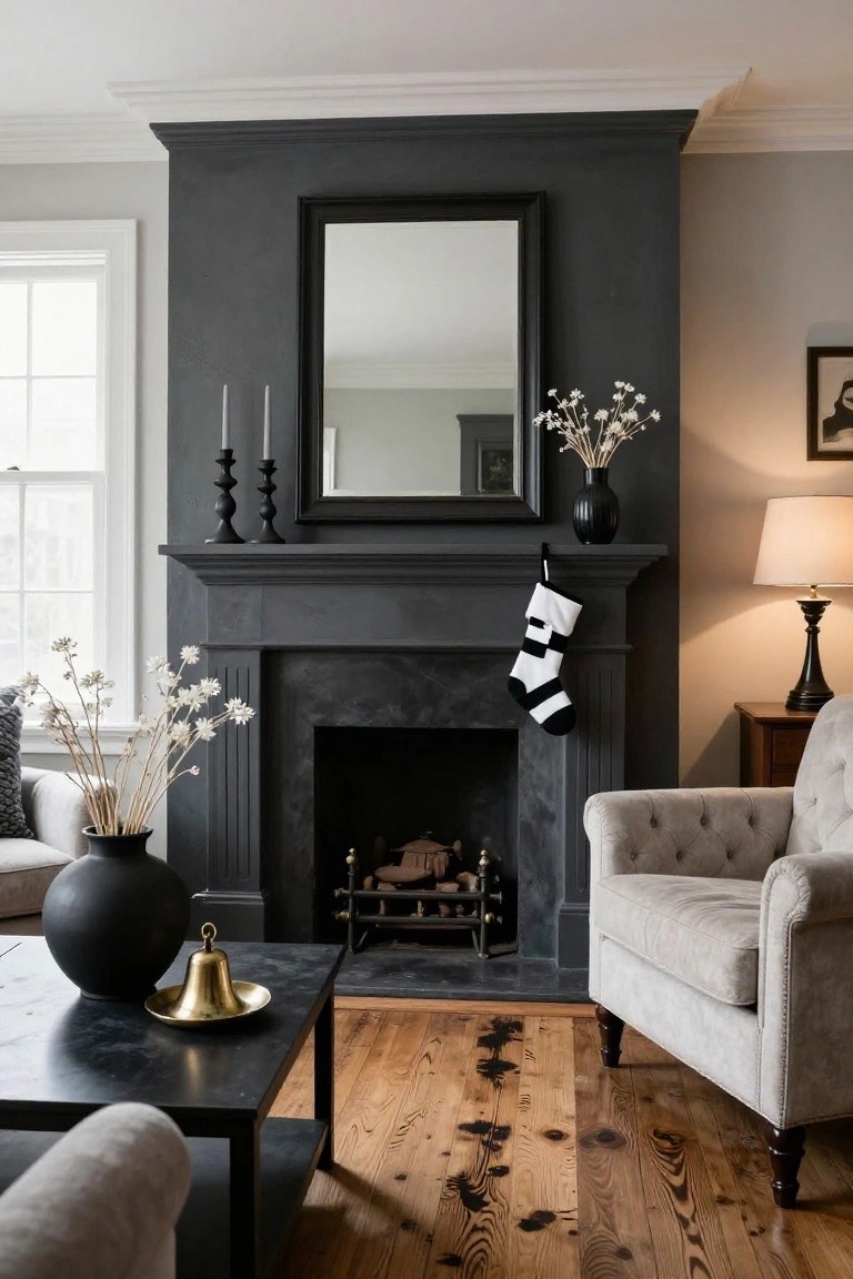 Dark stone fireplace mantel with a black-and-white striped stocking hanging from it, flanked by black candlesticks, a black vase of white dried flowers, and a large black-framed mirror above, in a living room with neutral furniture, wood floors, and a low black table nearby.