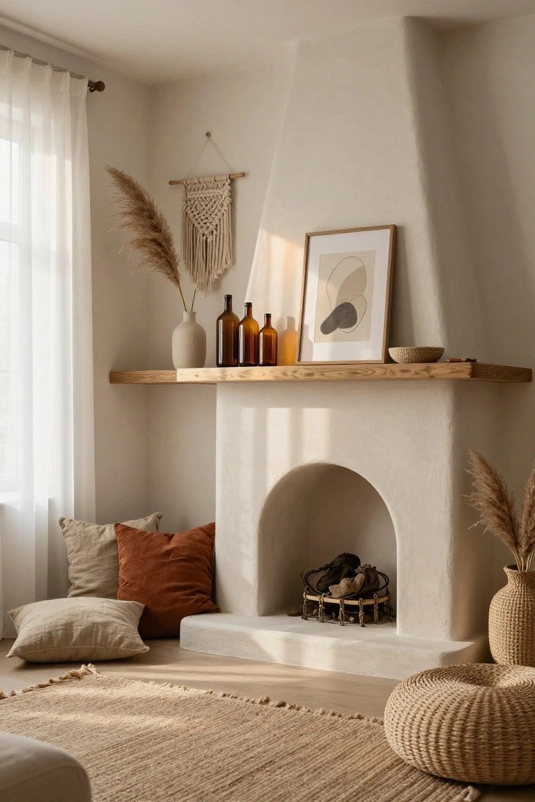 White curved fireplace with wooden mantle shelf holding beige vase, amber glass bottles, small woven bowl, abstract beige print in wood frame, pampas grass nearby, macrame hanging on wall, floor pillows, seagrass ottoman, and jute rug in beige tones.