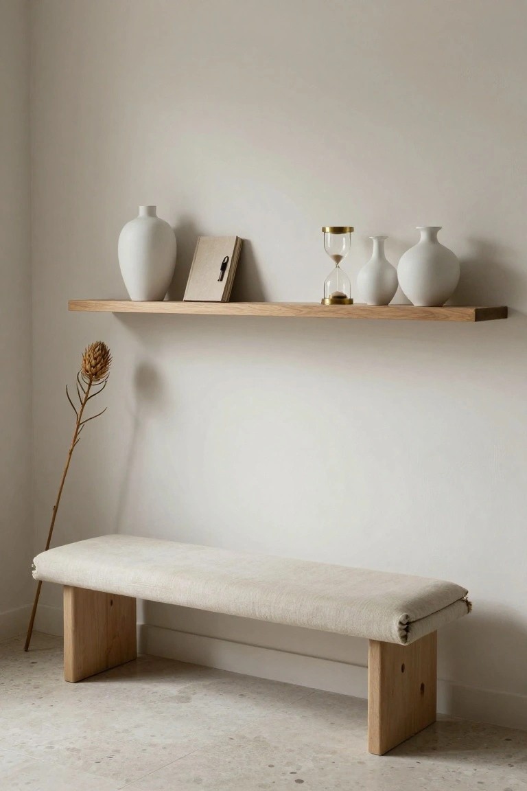 Wooden floating shelf on white wall holding two tall white ceramic vases, a small white vase, a thin book, and gold hourglass with sand, above beige linen-covered bench on wooden legs, dried flower stem leaning nearby on light concrete floor