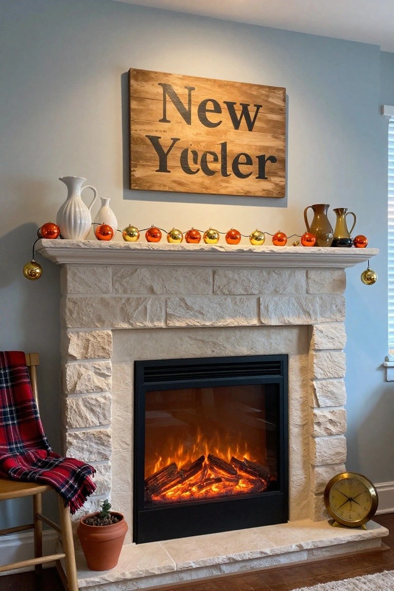 Stone fireplace mantel decorated for New Year's with a wooden "New Yeeler" sign above, orange and gold ornaments strung across, white and amber vases on the shelf, and an electric fire burning inside, in a light blue-walled room with a plaid chair and potted plant nearby.