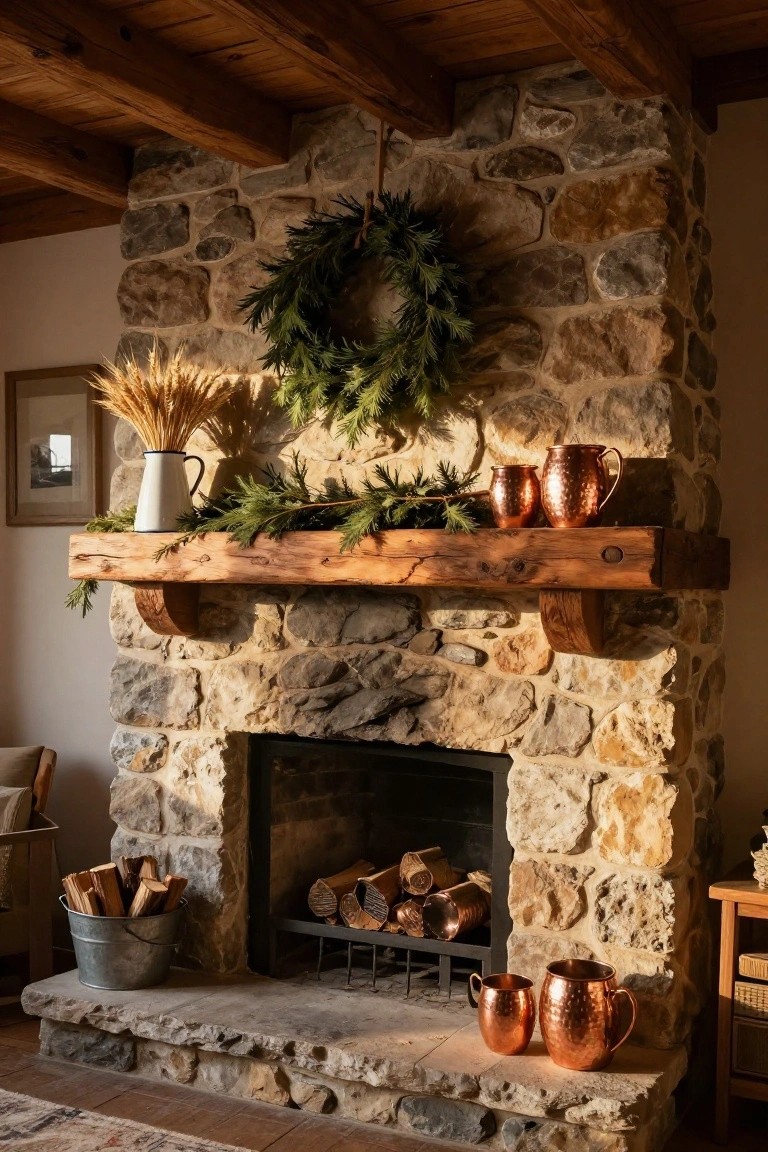 Stone fireplace with wooden mantel decorated by evergreen garland, wheat bundle in white pitcher, copper pitchers on shelf and hearth, firewood bucket, and holiday wreath on wall.