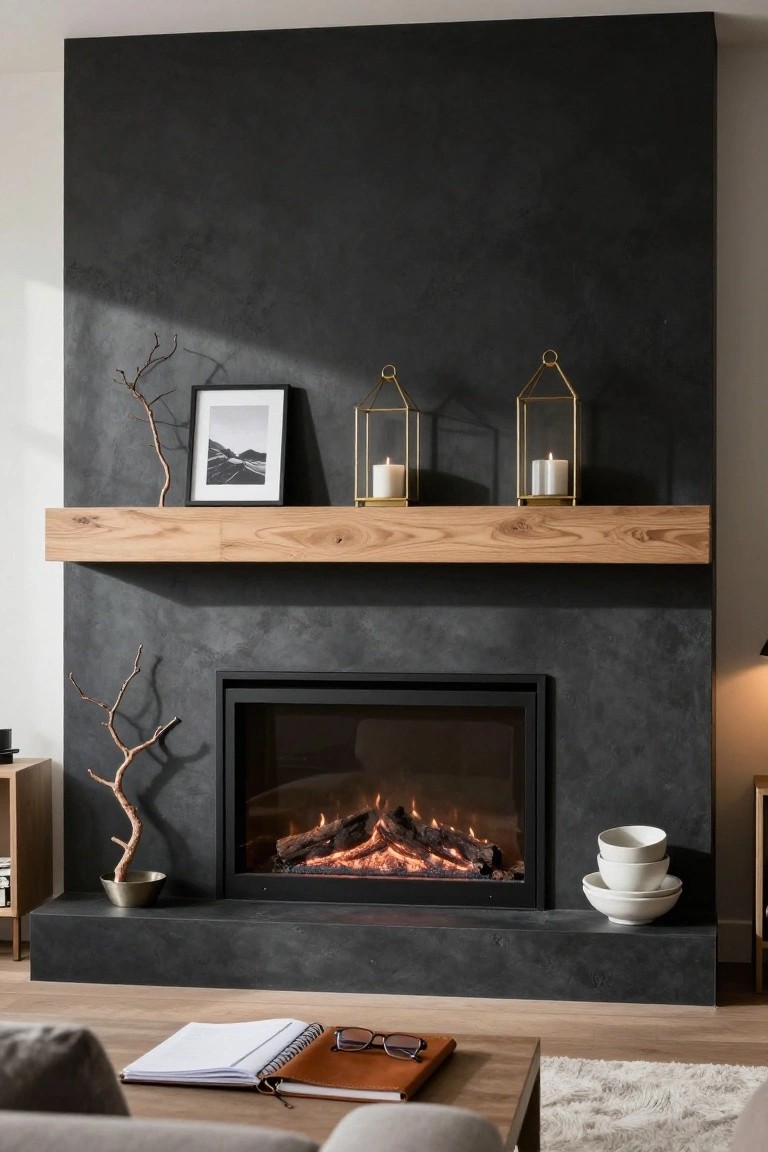 Modern living room with black textured wall fireplace, oak wood mantel shelf holding branches, black and white framed photo, and gold wire lanterns with white candles, electric fire burning inside glass-front firebox, side tables with white bowls and branches, beige sofa nearby on wood floor.
