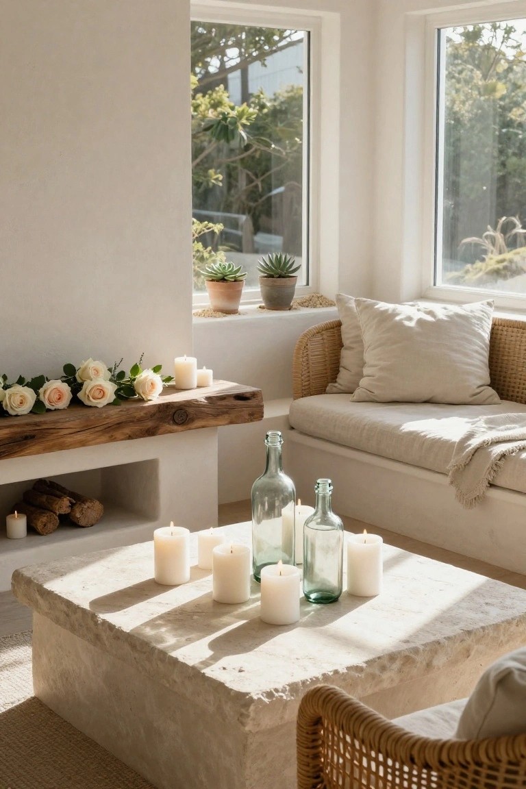 Light-filled living room with stone fireplace and wooden beam mantel holding garland of pale pink roses, candles, and wood logs below, beige daybed, rattan chair, low stone coffee table with green glass bottles and more candles, plants on windowsills.