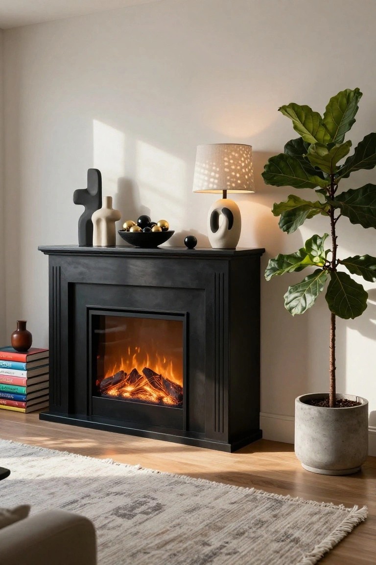 Black wooden mantel above a glowing electric fireplace holds abstract black sculpture, beige vase, black bowl with gold and black spheres, white sculpture with black accents, and stacked colorful books nearby, with a large fiddle leaf fig plant, lamp, and woven rug in a modern living room.