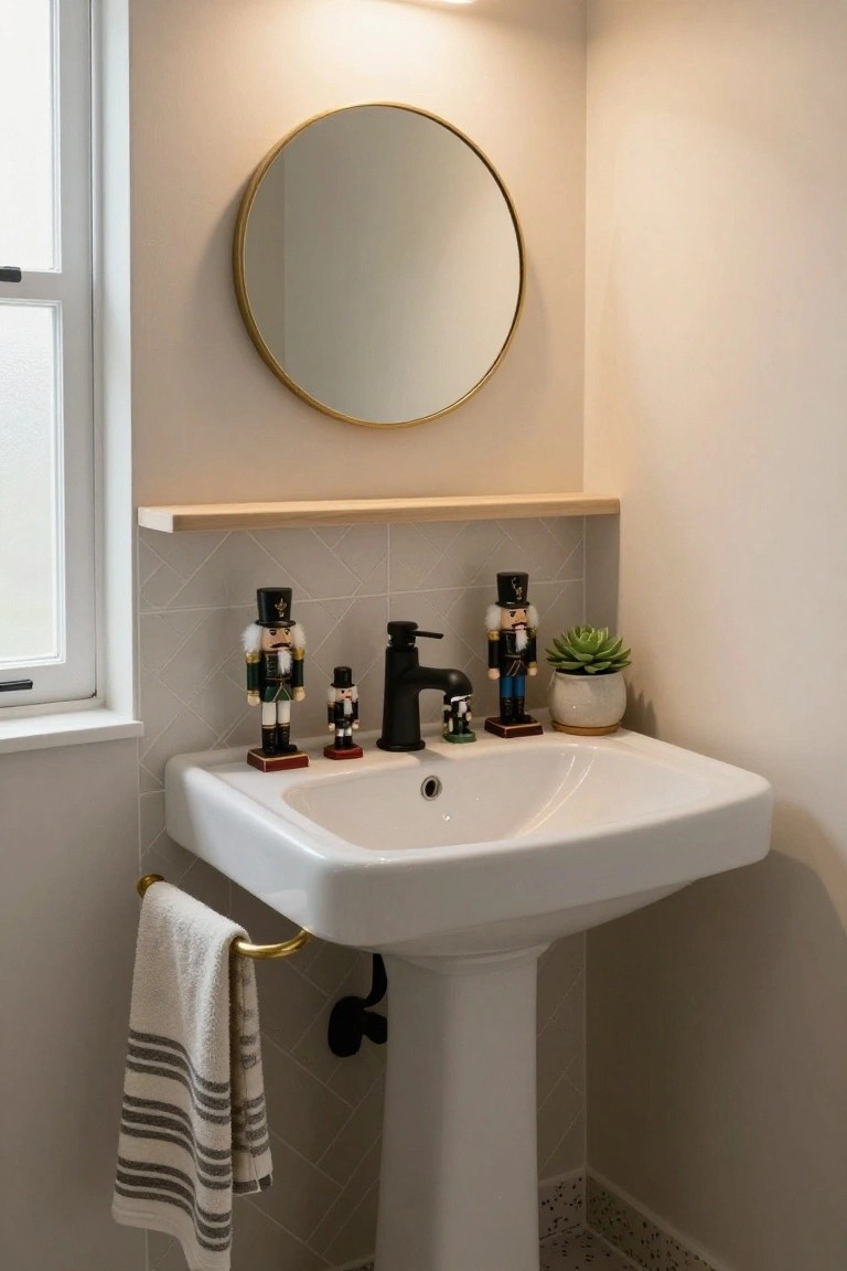 White pedestal sink in a bathroom with black faucet, round gold mirror above, wooden shelf holding two nutcracker soldiers and potted succulent plant, brass towel holder with striped towel nearby.