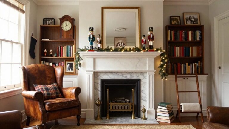 Cozy living room featuring a marble fireplace mantel with two tall nutcracker soldiers at each end, evergreen garland and string lights draped across, bookshelves to the left, armchair to the right, and a clock nearby.