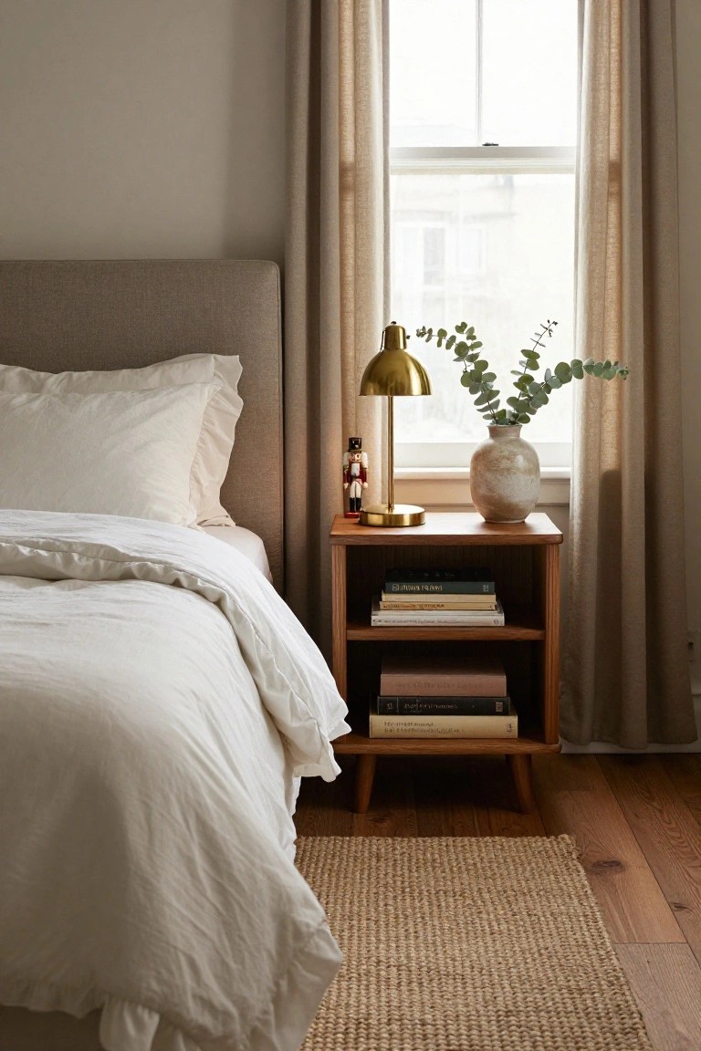 Bedroom corner showing a made bed with white linens, wooden nightstand with stacked books, gold lamp, eucalyptus vase, nutcracker figurine, and beige curtains at a window.