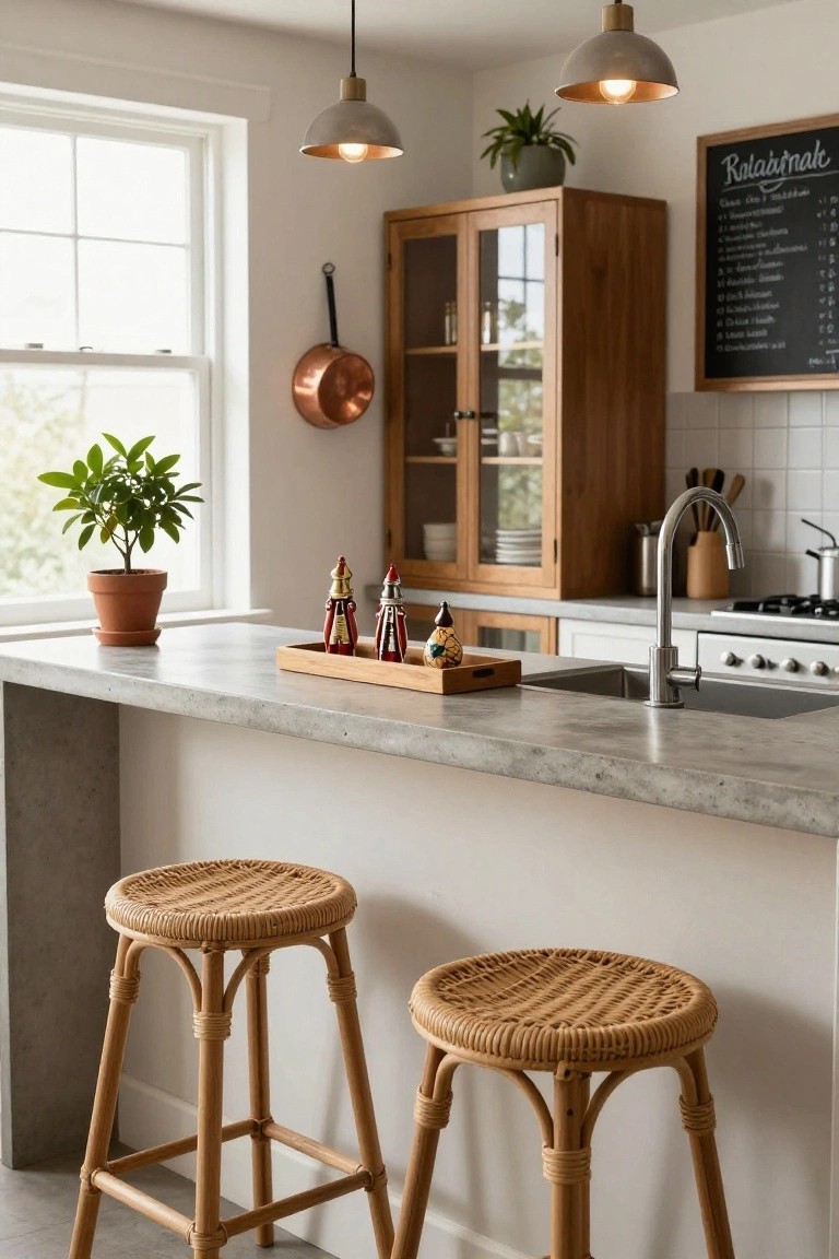 Kitchen island with concrete countertop, wooden tray holding several colorful nutcracker figures, two rattan bar stools, sink, faucet, and wooden cabinets in a bright room with plants and window.