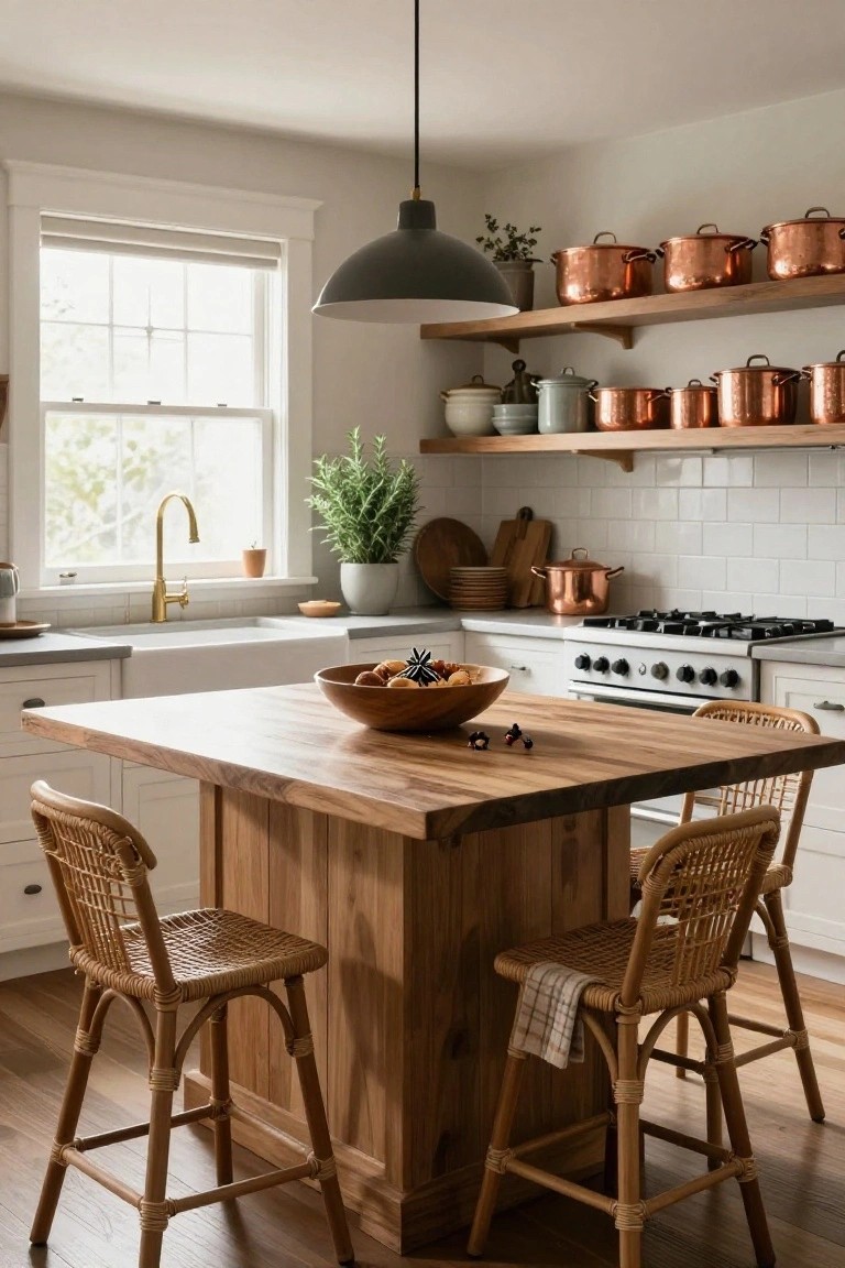 Kitchen with white cabinets, wooden island table topped by a large wooden bowl of oranges and small dark figurines, rattan bar stools, copper pots on open shelves, gold faucet sink, and white subway tile backsplash.