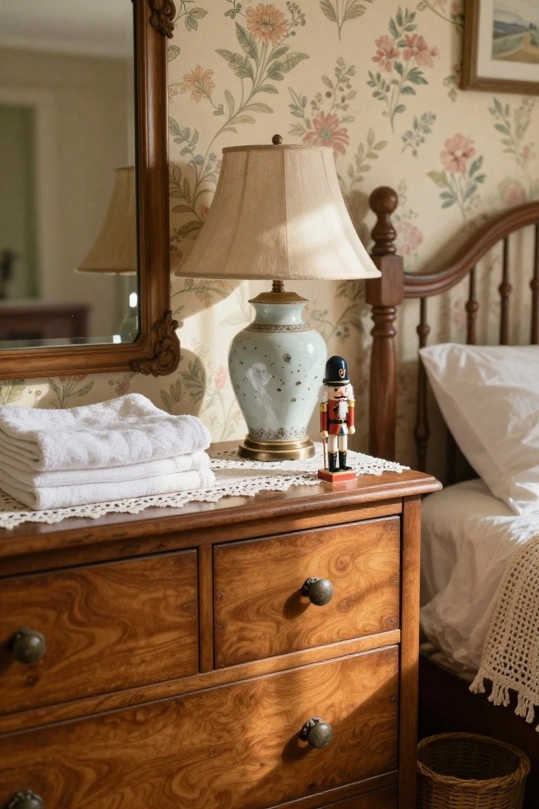 Wooden dresser topped with stacked white towels, blue porcelain vase, brass-based lamp, and red-uniformed nutcracker figurine on lace doily, beside a bed in floral-wallpapered bedroom.
