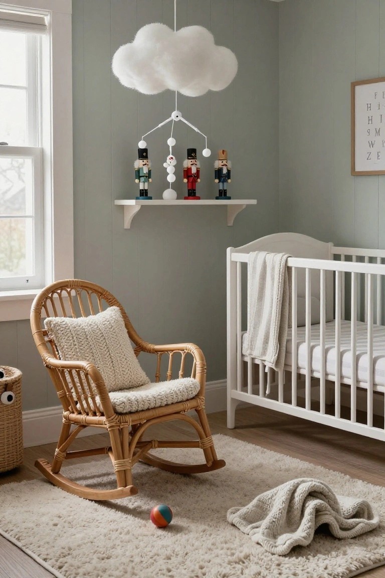 Nursery room with pale green paneled walls, white cloud ceiling light fixture holding a mobile of three wooden nutcracker soldiers and white balls, white crib with gray blanket, wicker rocking chair with knit pillow, toy basket, and fluffy beige rug on wood floor.