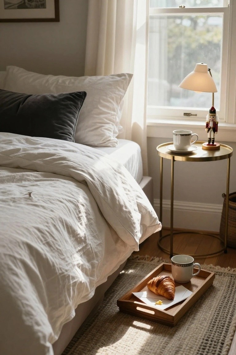 Bedroom corner with white duvet on bed, gold side table holding white lamp, cup and saucer, and red nutcracker figure on base, wooden tray with croissant on floor near rug and window with sheer curtains.