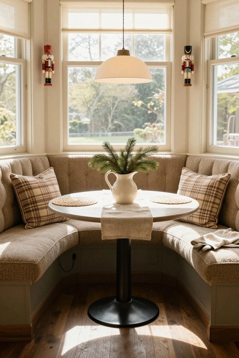 Beige tufted banquette seating curves around a bay window nook with a round white table, cream pitcher holding pine branches, plaid pillows, wall-mounted red nutcracker figures beside the windows, and hardwood floors.