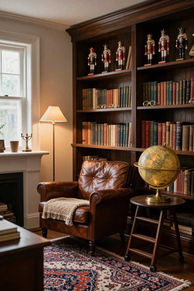Wood-paneled study with tall bookshelves filled with books and topped by a row of nutcracker figures, leather armchair with throw blanket, globe on side table, floor lamp, and marble mantelpiece.