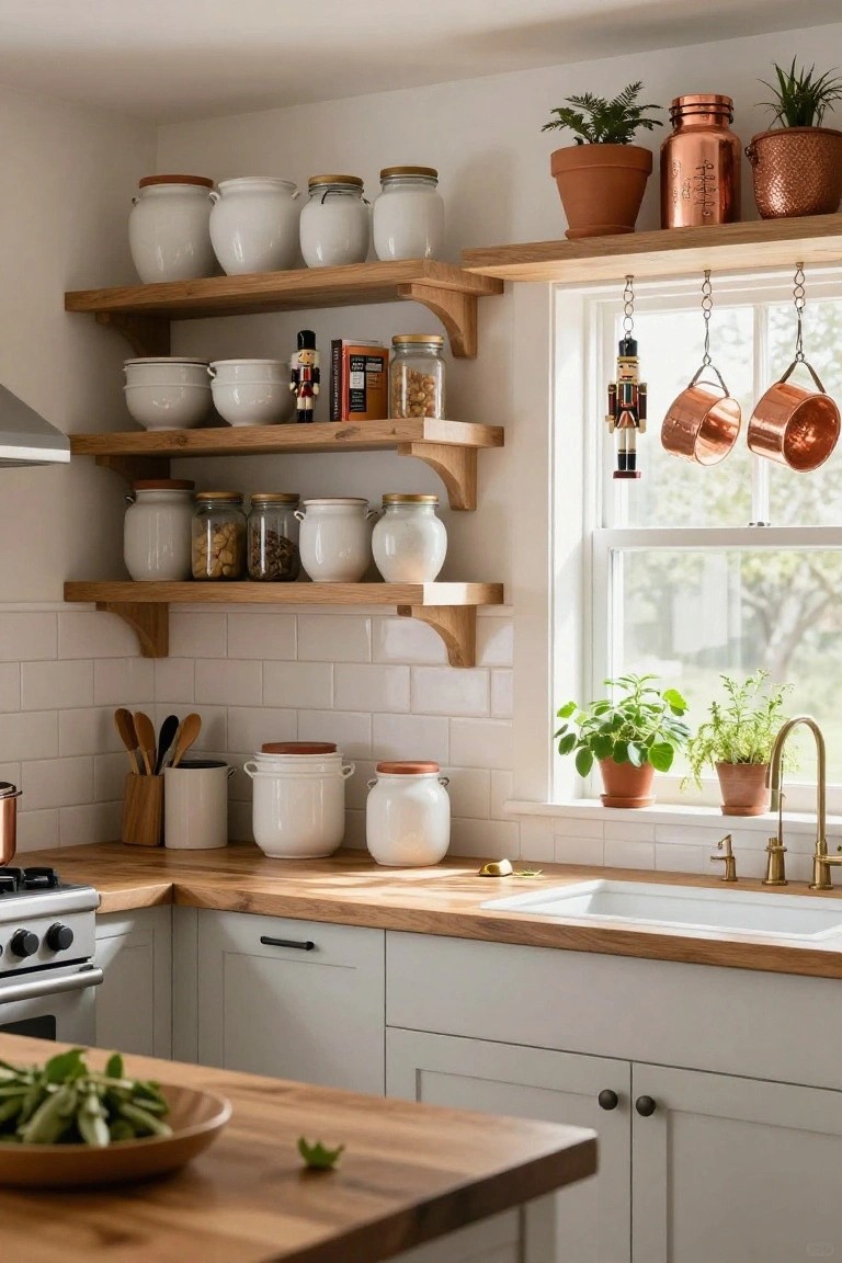 Kitchen corner with oak shelves holding white ceramic jars and bowls, white subway tile walls, oak countertop, gas stove, white farmhouse sink under a window, wooden spoons in a holder, potted herbs on windowsill, and a nutcracker doll hanging from chains next to copper pots.