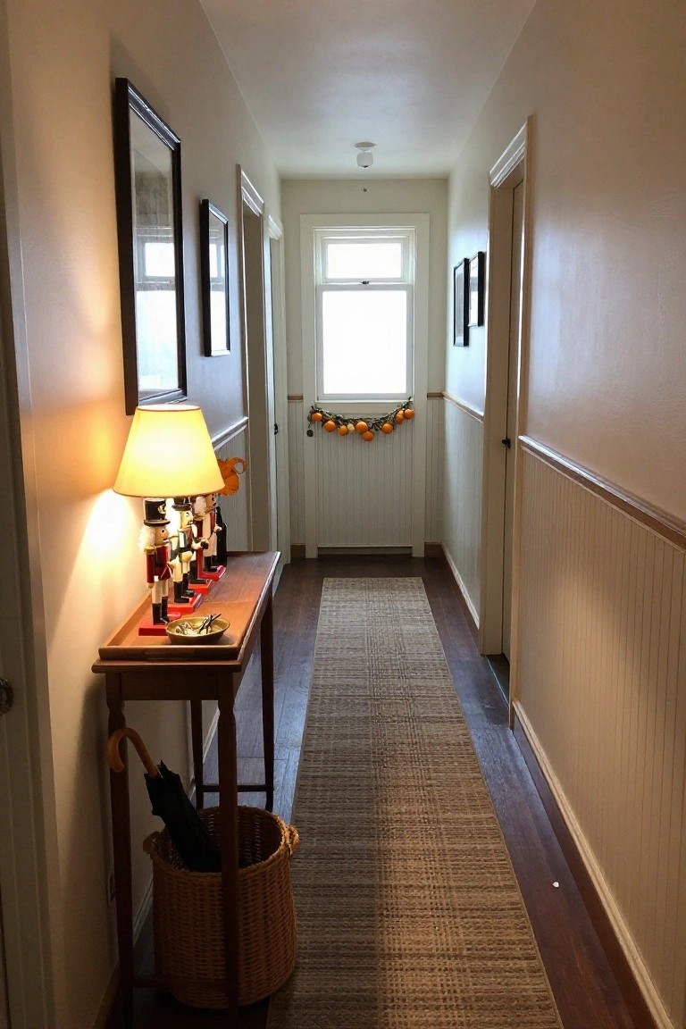 Long narrow hallway with beige wainscoted walls, wooden console table holding three nutcracker figures, a lamp, and a small bowl, umbrella stand nearby, doors on both sides, and orange garland above a white door at the end.