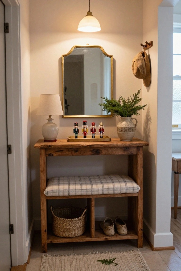 Rustic wooden console table with plaid cushioned bench in a light entryway, topped with four colorful nutcracker soldiers on a wooden tray, a ceramic lamp and terracotta vase with greenery beside it, gold-framed mirror above, hat on wall hook, and espadrilles stored in shelf below.